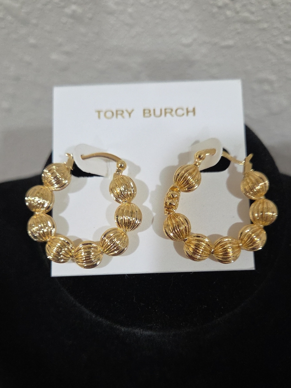 Tory Burch Shiny Gold Ribbed Bead Hoop Earrings